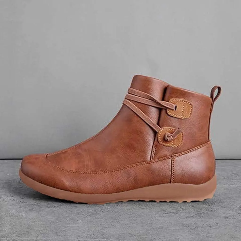 Women's Ankle Boots Fashion Arch Support Flat Heel Boots Vintage Leather Side Zip up Booties with Fall Winter