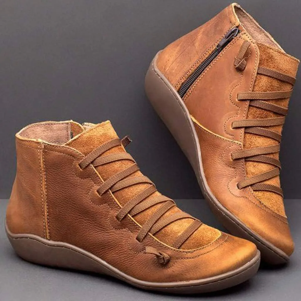 Women's Ankle Boots Fashion Lace Up Zipper Booties Arch Support Low Heel Boots Leather Casual Walking Bootie
