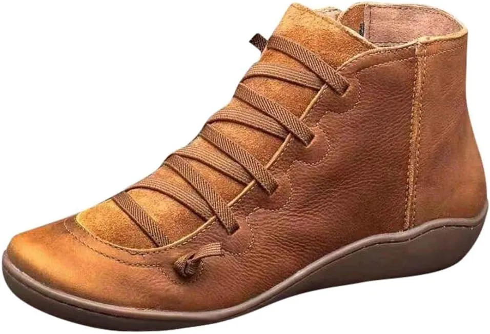 Women's Ankle Boots Fashion Lace Up Zipper Booties Arch Support Low Heel Boots Leather Casual Walking Bootie
