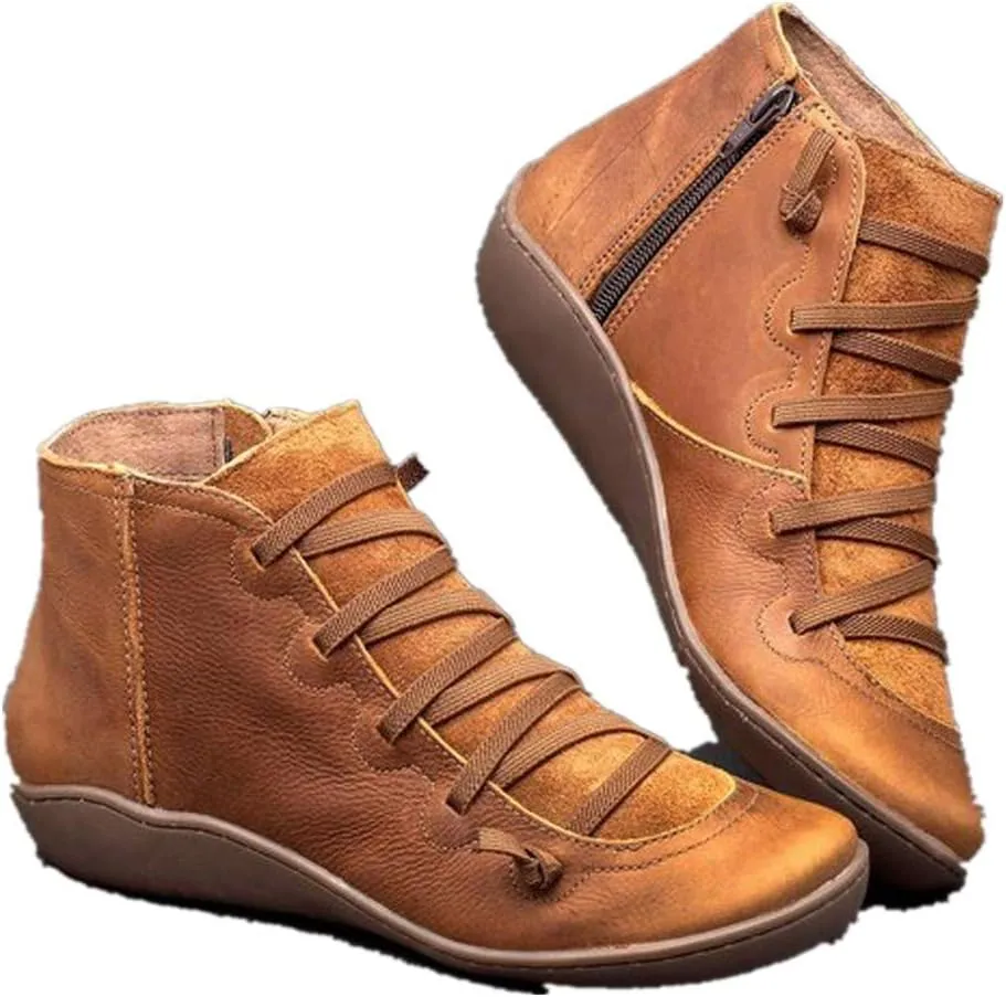 Women's Ankle Boots Fashion Lace Up Zipper Booties Arch Support Low Heel Boots Leather Casual Walking Bootie