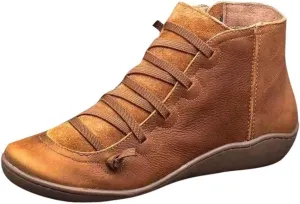 Women's Ankle Boots Fashion Lace Up Zipper Booties Arch Support Low Heel Boots Leather Casual Walking Bootie