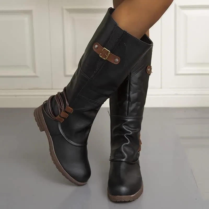 Womens Boots Fashion Leather Short Heel Waterproof Boots for Women Round Toe Side Zipper Cozy Mid-Calf Boots