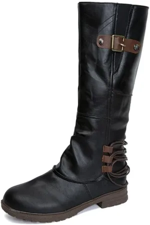 Womens Boots Fashion Leather Short Heel Waterproof Boots for Women Round Toe Side Zipper Cozy Mid-Calf Boots