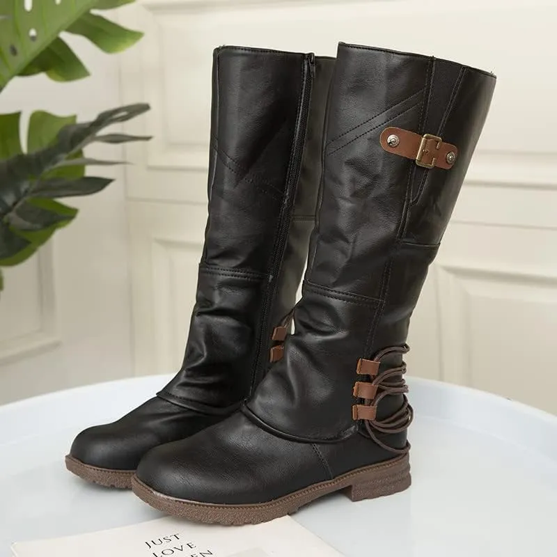 Womens Boots Fashion Leather Short Heel Waterproof Boots for Women Round Toe Side Zipper Cozy Mid-Calf Boots