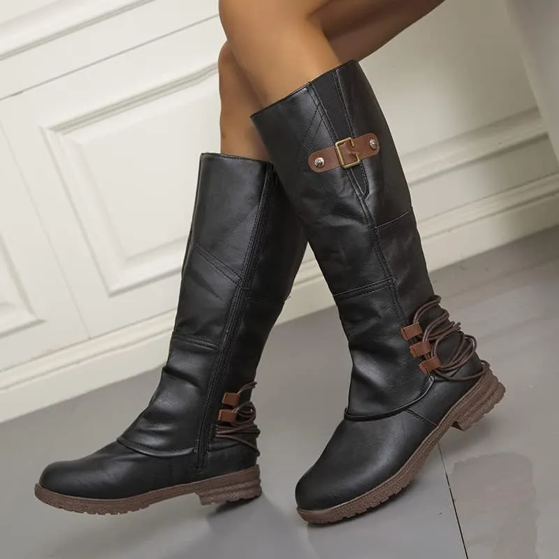 Womens Boots Fashion Leather Short Heel Waterproof Boots for Women Round Toe Side Zipper Cozy Mid-Calf Boots