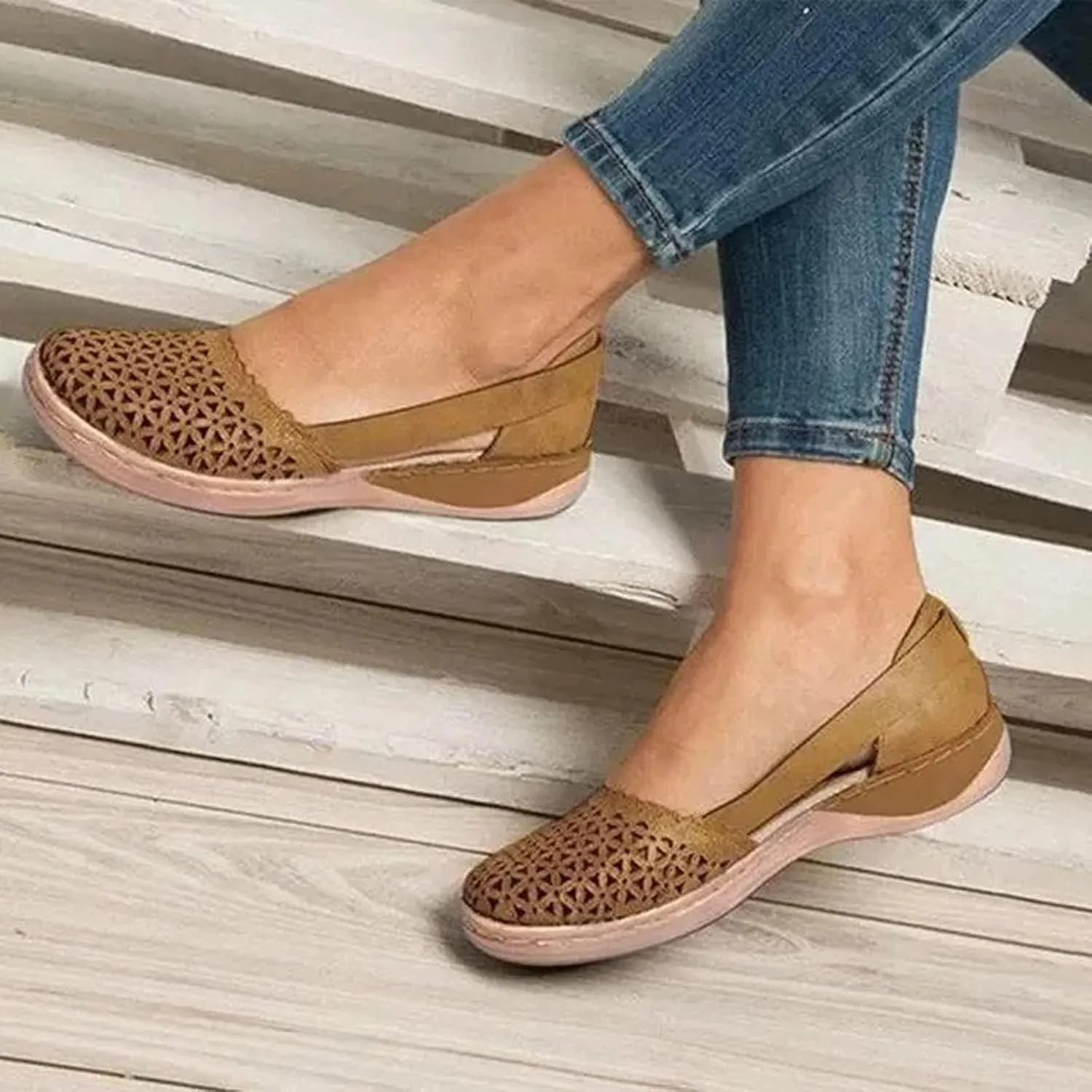Womens Fusaro Shoes Leather Baotou Hollow Wedge Sandals Round Toe Platform Loafers Fashion Closed Toe Flat Sandal Lightweight Flat Sole Walking Shoes