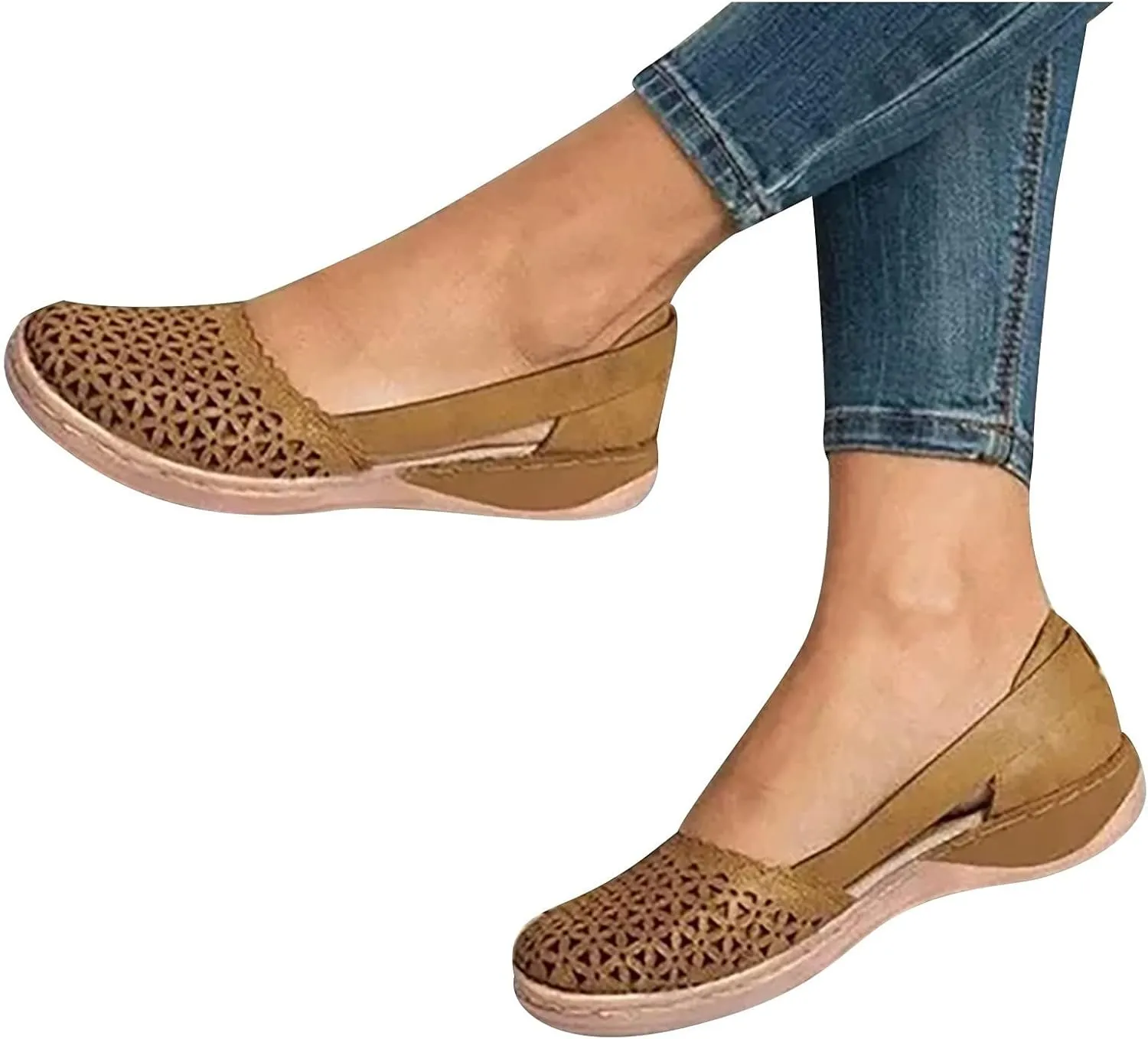Womens Fusaro Shoes Leather Baotou Hollow Wedge Sandals Round Toe Platform Loafers Fashion Closed Toe Flat Sandal Lightweight Flat Sole Walking Shoes