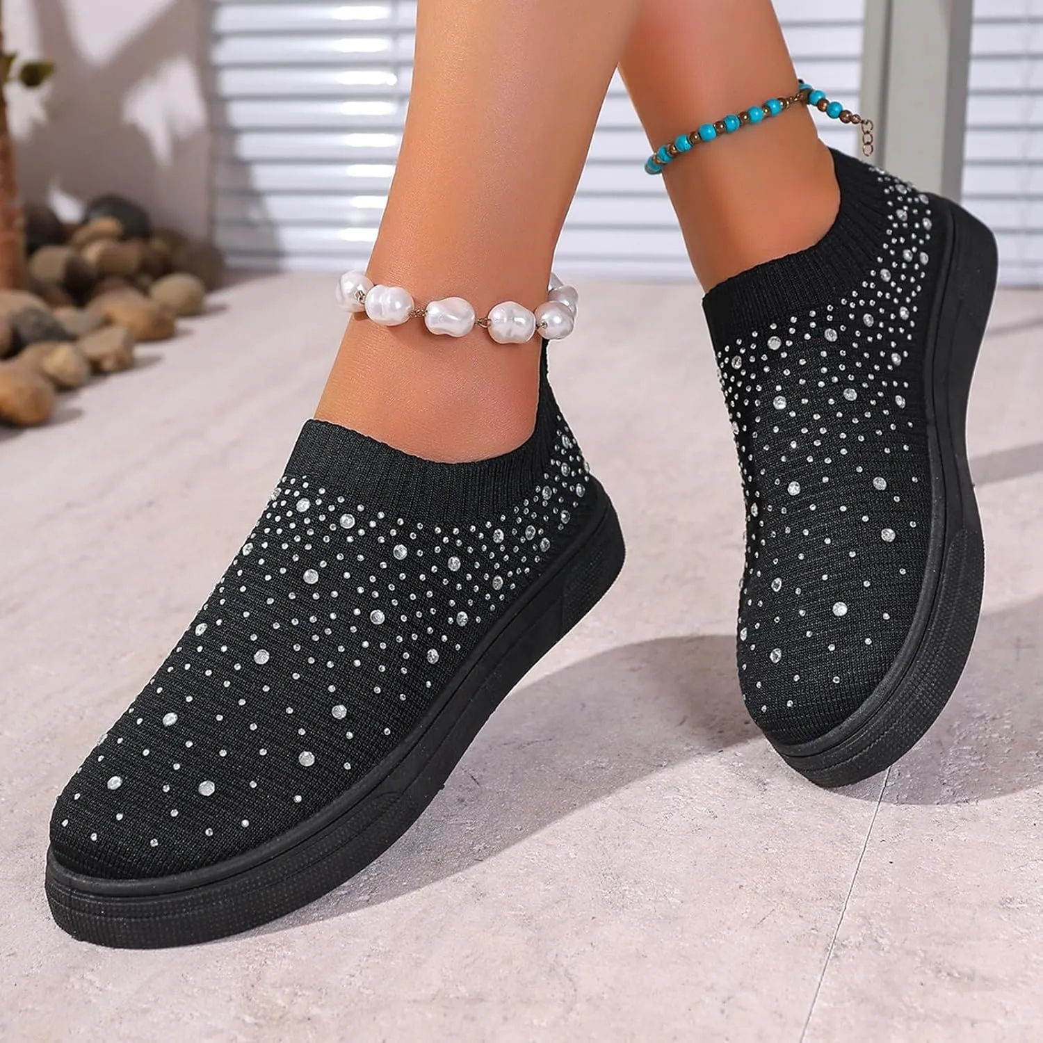Women's Mesh Walking Shoes Rhinestone Glitter Non Slip Sock Sneakers Slip-On Casual Mesh-Comfortable Tennis Workout Sneakers