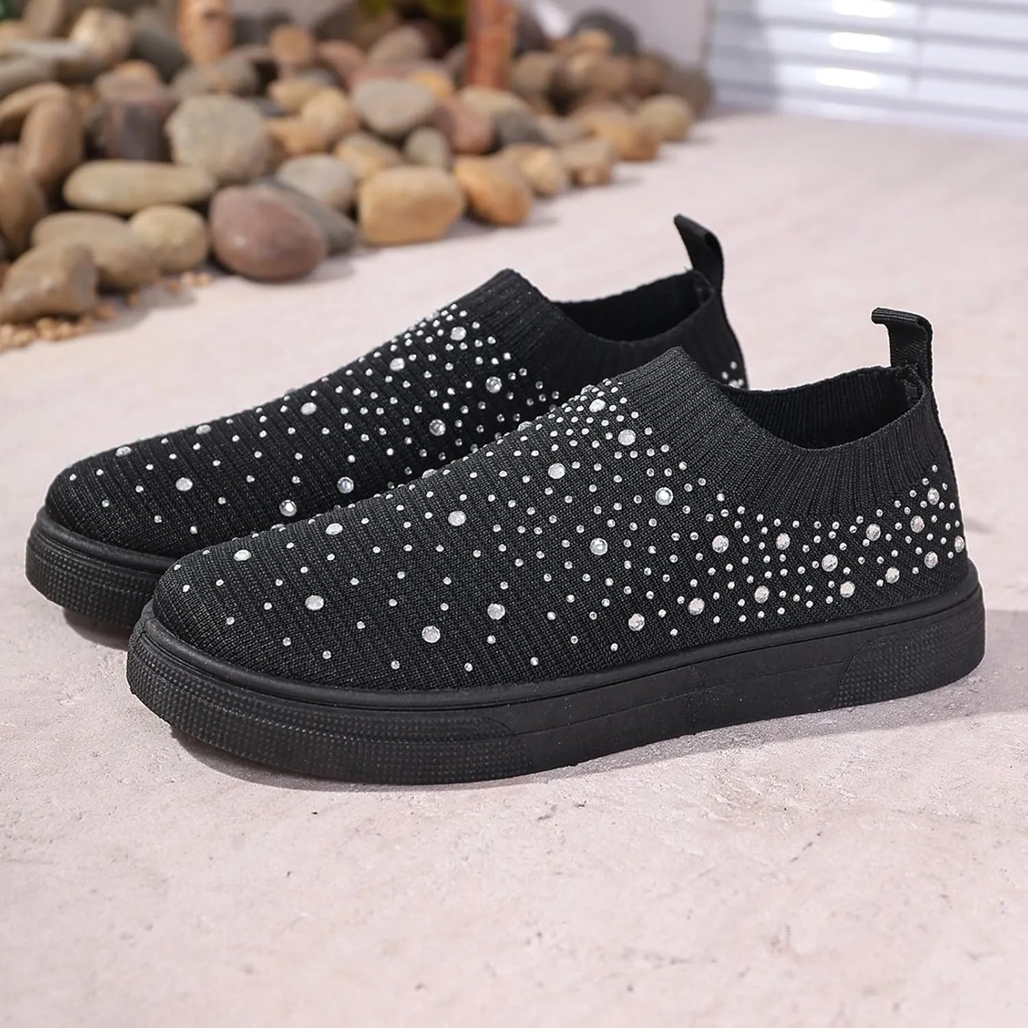 Women's Mesh Walking Shoes Rhinestone Glitter Non Slip Sock Sneakers Slip-On Casual Mesh-Comfortable Tennis Workout Sneakers