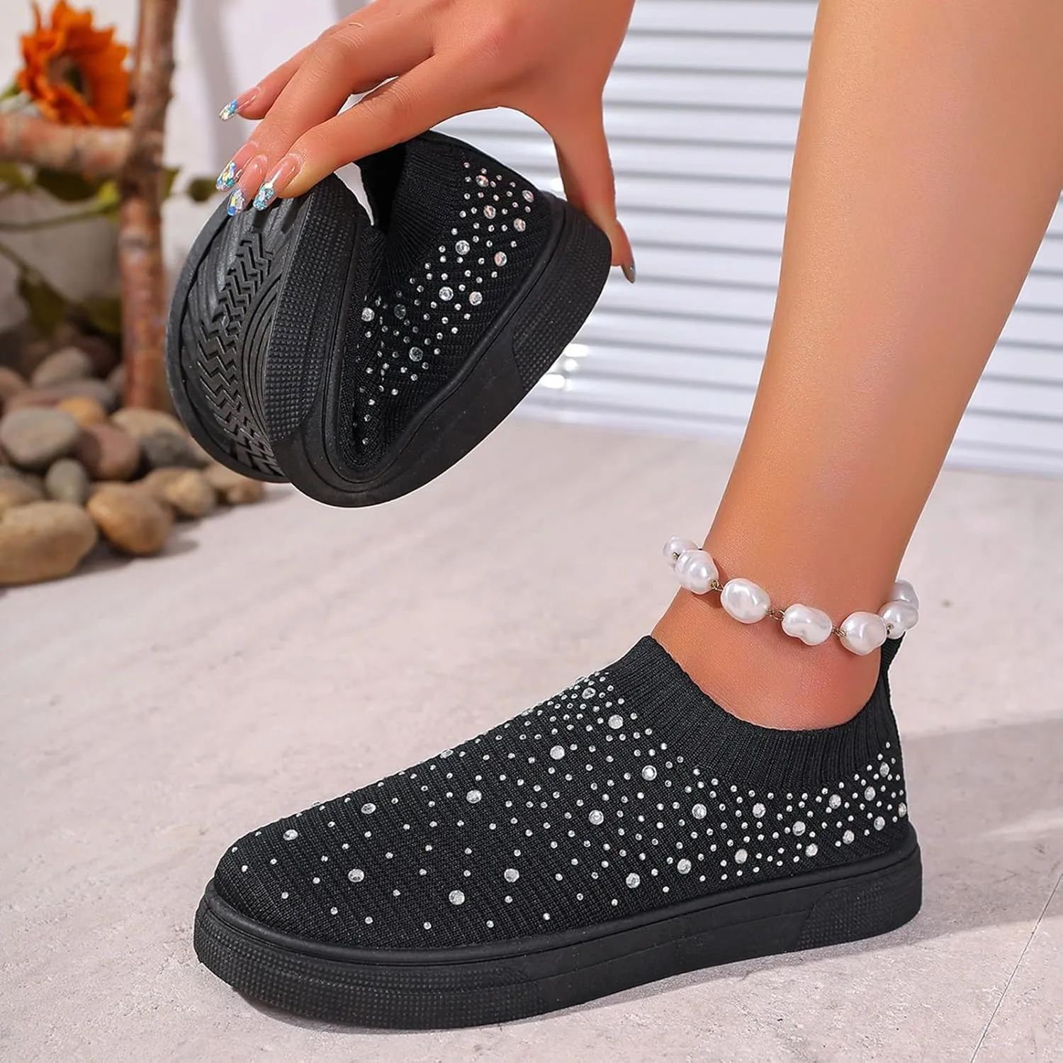Women's Mesh Walking Shoes Rhinestone Glitter Non Slip Sock Sneakers Slip-On Casual Mesh-Comfortable Tennis Workout Sneakers
