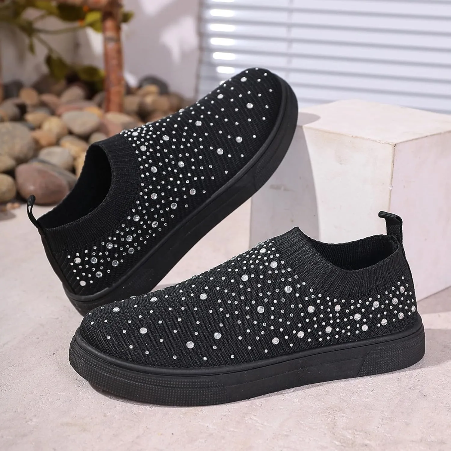 Women's Mesh Walking Shoes Rhinestone Glitter Non Slip Sock Sneakers Slip-On Casual Mesh-Comfortable Tennis Workout Sneakers