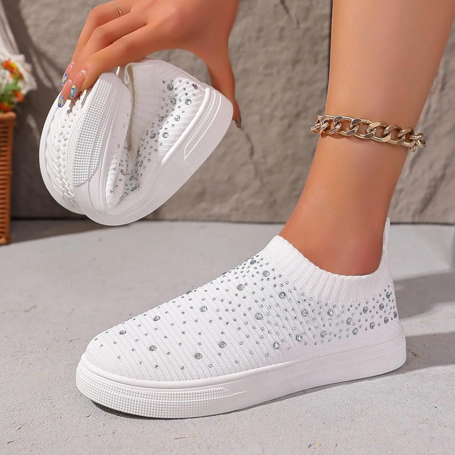 Women's Mesh Walking Shoes Slip-On Casual Mesh-Comfortable Tennis Workout Sneakers Rhinestone Glitter Non Slip Sock Sneakers