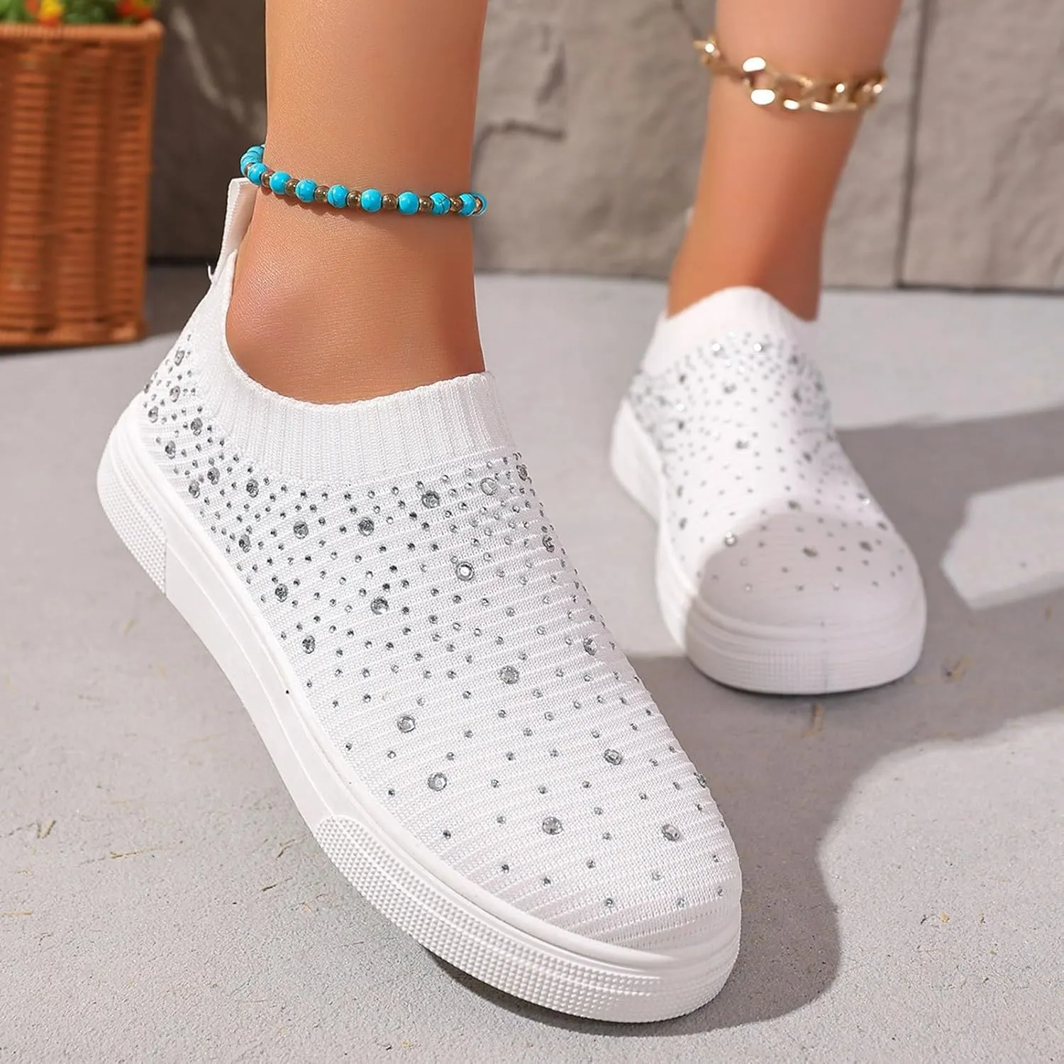 Women's Mesh Walking Shoes Slip-On Casual Mesh-Comfortable Tennis Workout Sneakers Rhinestone Glitter Non Slip Sock Sneakers