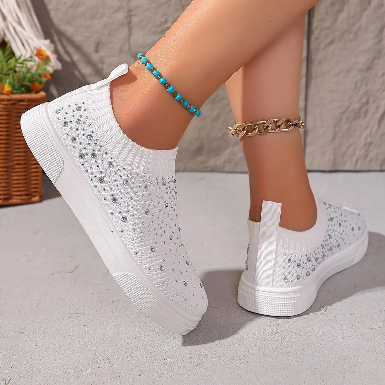 Women's Mesh Walking Shoes Slip-On Casual Mesh-Comfortable Tennis Workout Sneakers Rhinestone Glitter Non Slip Sock Sneakers