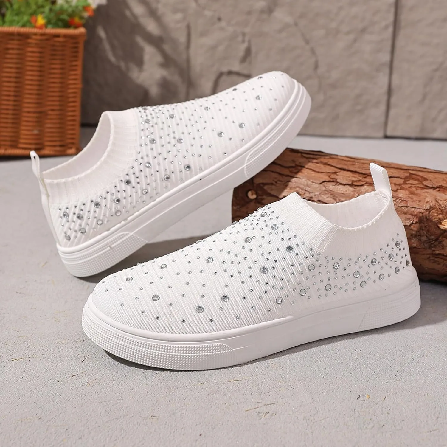 Women's Mesh Walking Shoes Slip-On Casual Mesh-Comfortable Tennis Workout Sneakers Rhinestone Glitter Non Slip Sock Sneakers
