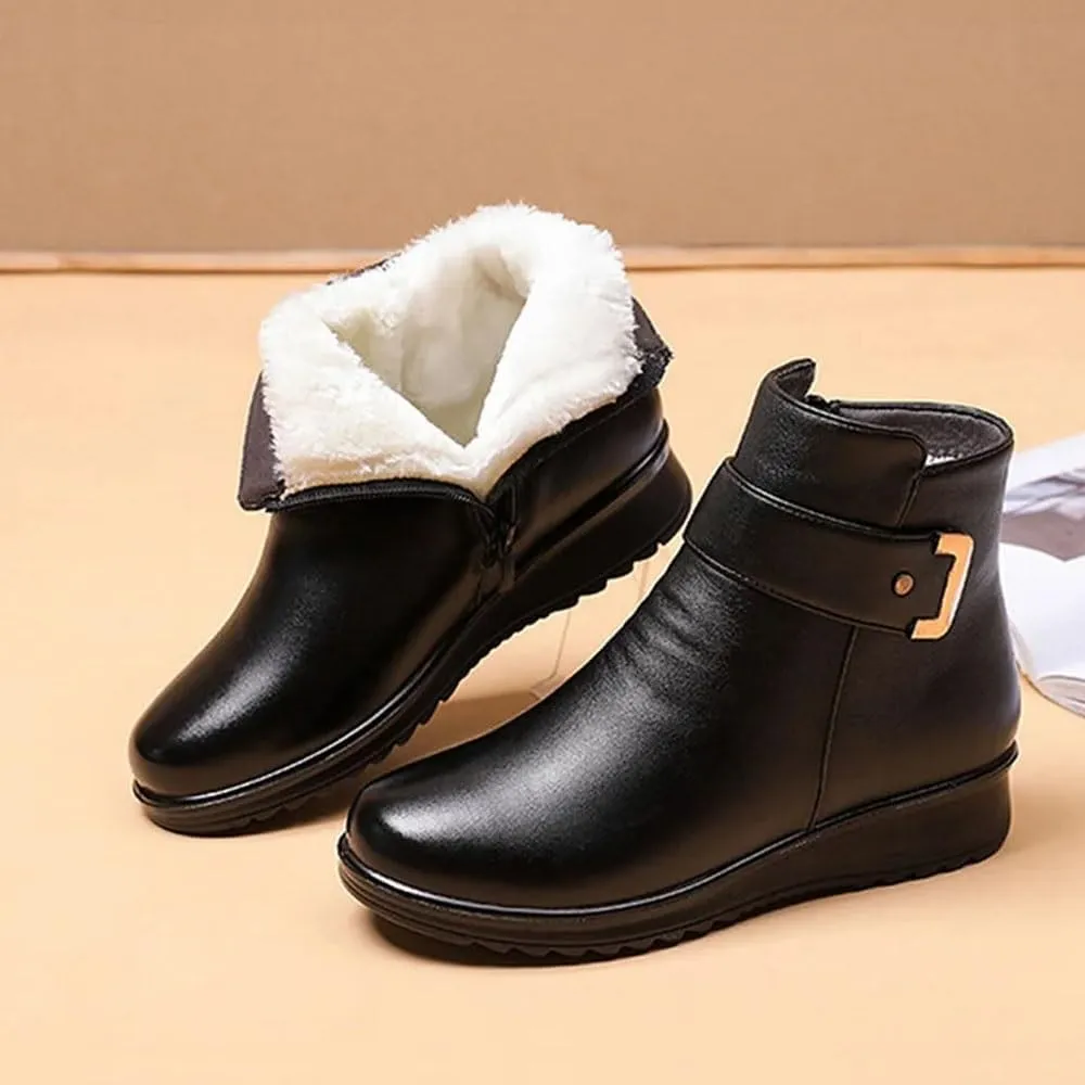 Women's Metal Buckle Genuine Leather Wool Orthopedic Boots, 2024 High-Top British Style Casual Leather Boots (Color : Black B, Size : 10)