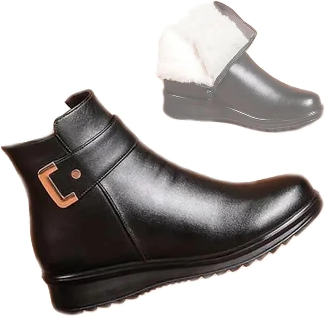 Women's Metal Buckle Genuine Leather Wool Orthopedic Boots, 2024 High-Top British Style Casual Leather Boots (Color : Black B, Size : 10)