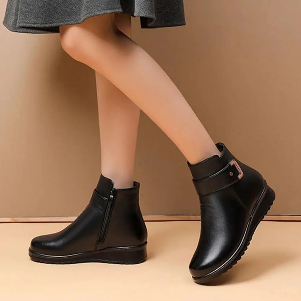Women's Metal Buckle Genuine Leather Wool Orthopedic Boots, 2024 High-Top British Style Casual Leather Boots (Color : Black B, Size : 10)