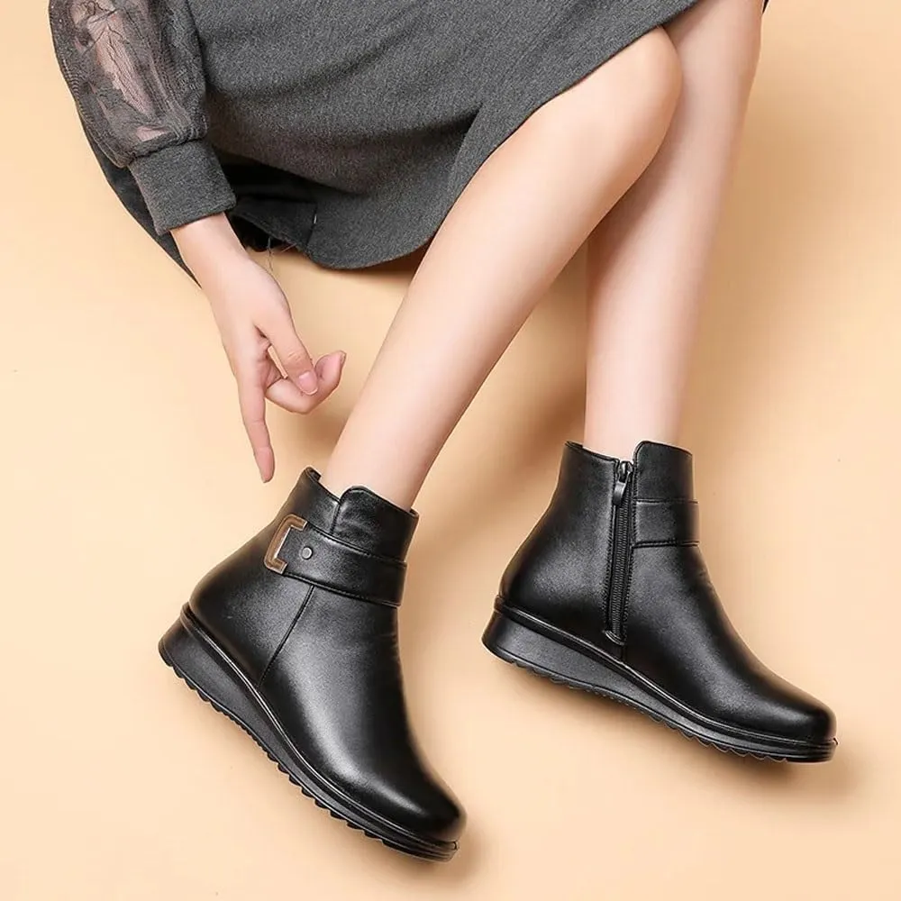 Women's Metal Buckle Genuine Leather Wool Orthopedic Boots, 2024 High-Top British Style Casual Leather Boots (Color : Black B, Size : 10)