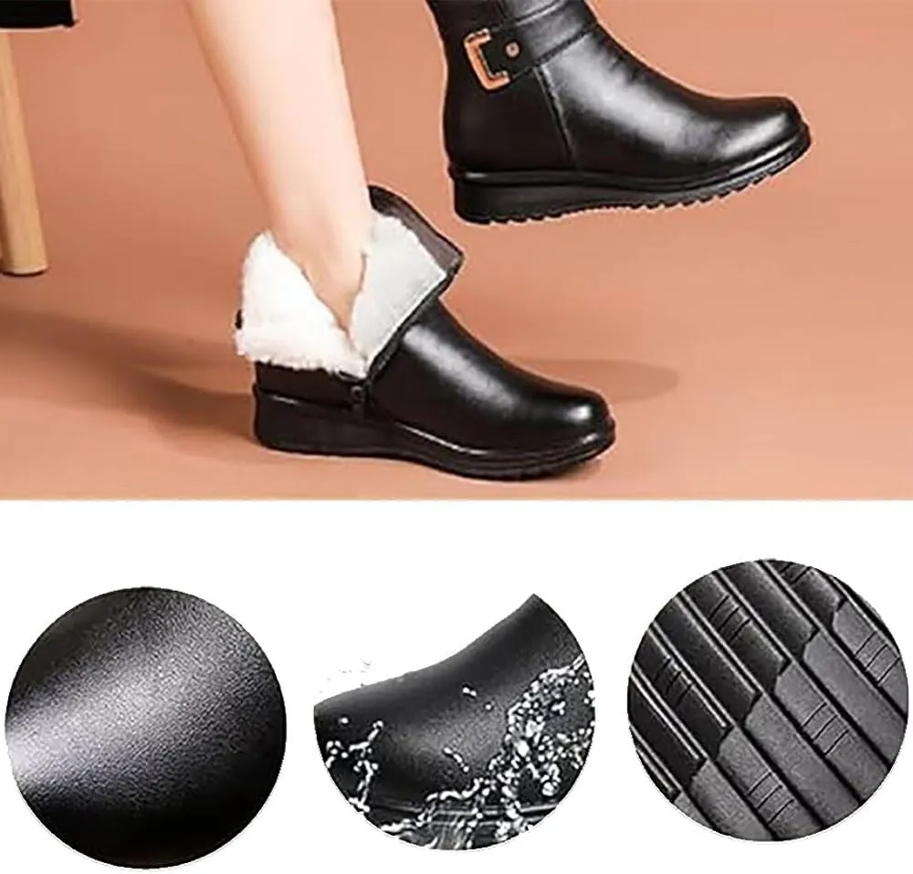 Women's Metal Buckle Genuine Leather Wool Orthopedic Boots, 2024 High-Top British Style Casual Leather Boots (Color : Black B, Size : 10)