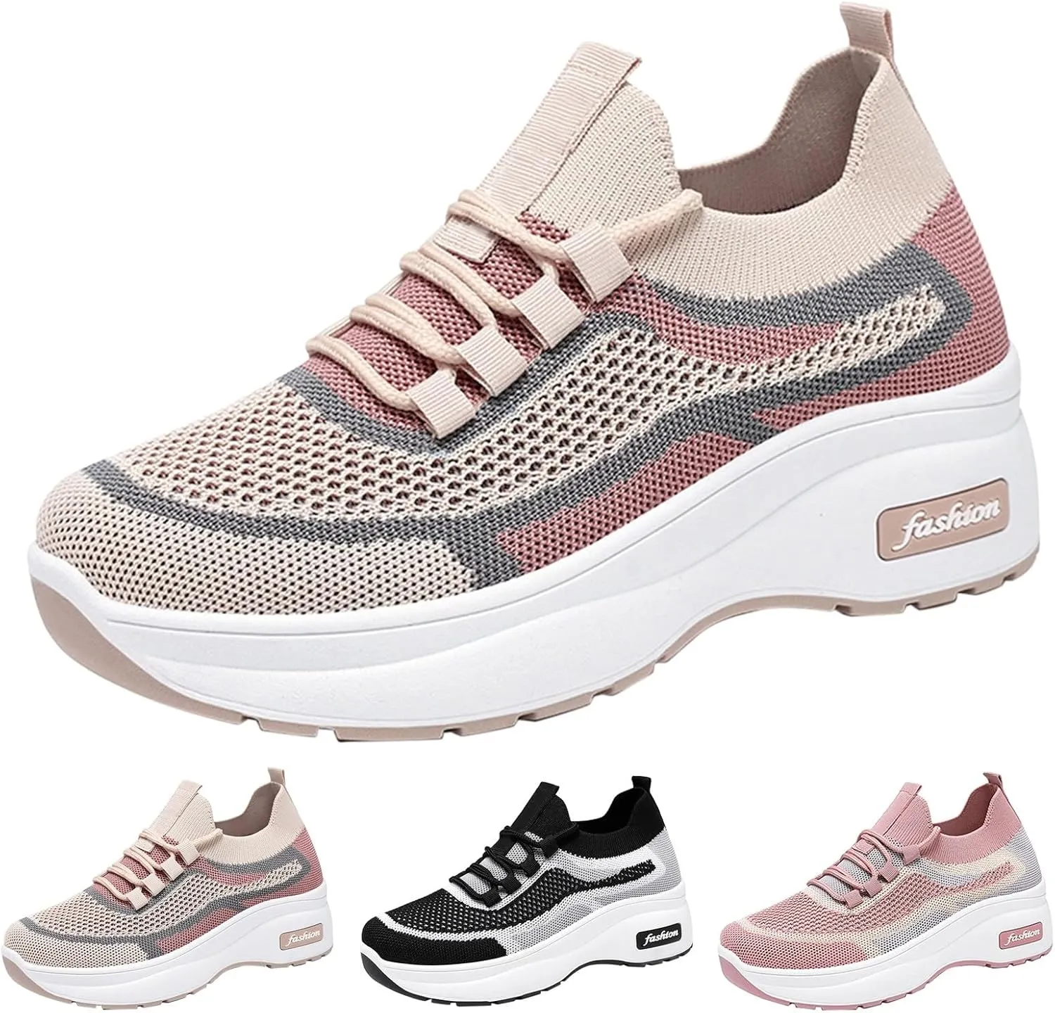 Women's Spring and Autumn Thick Soled Casual Height Enhancing Mesh Breathable Orthopedic Lace up Casual Shoes in Leather