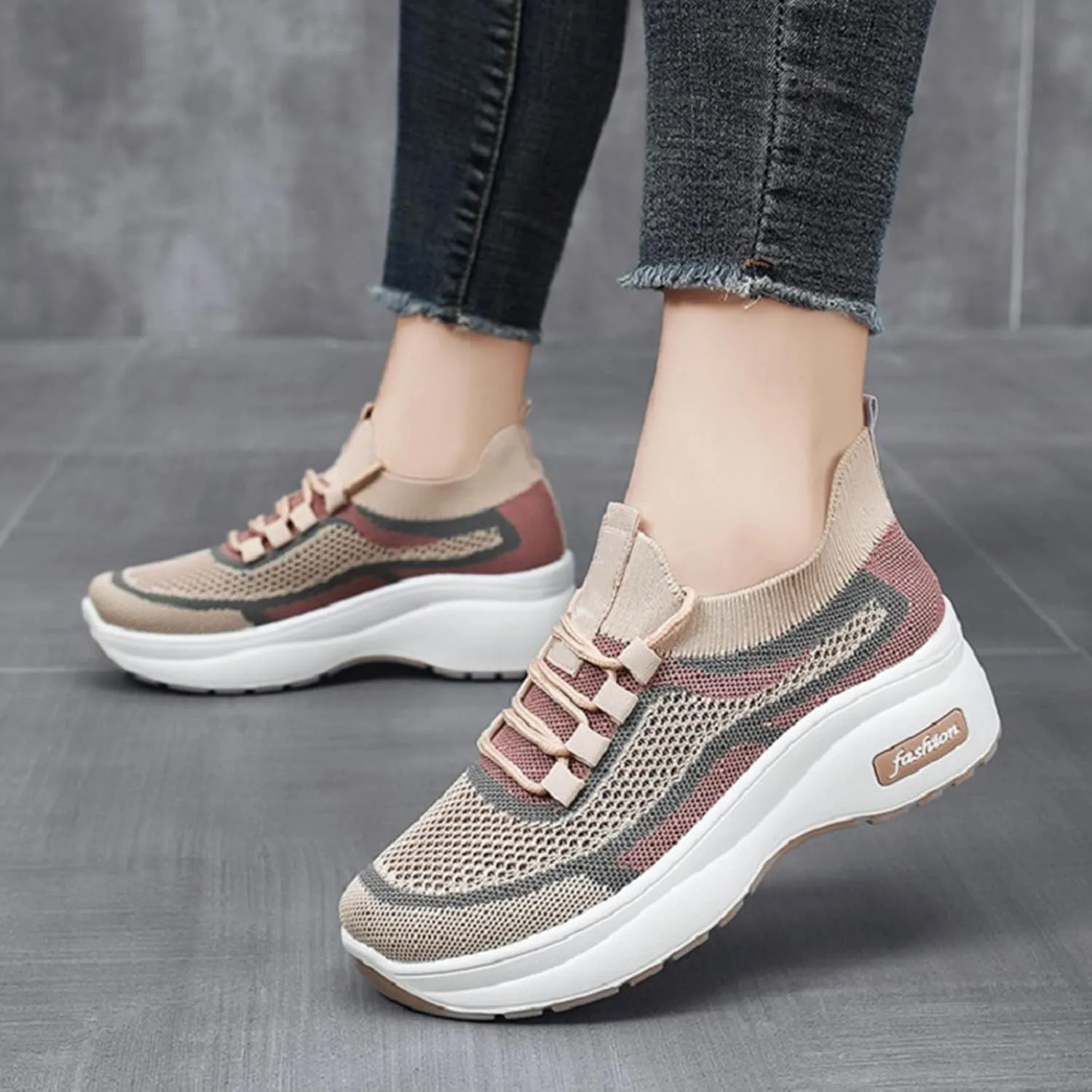Women's Spring and Autumn Thick Soled Casual Height Enhancing Mesh Breathable Orthopedic Lace up Casual Shoes in Leather