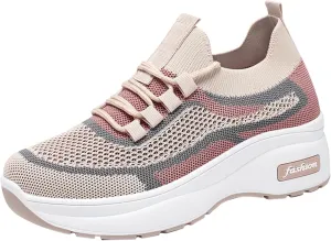 Women's Spring and Autumn Thick Soled Casual Height Enhancing Mesh Breathable Orthopedic Lace up Casual Shoes in Leather