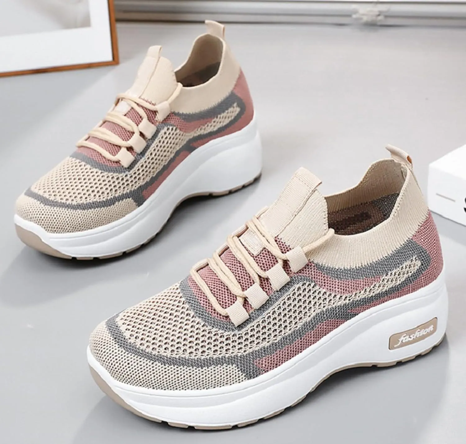 Women's Spring and Autumn Thick Soled Casual Height Enhancing Mesh Breathable Orthopedic Lace up Casual Shoes in Leather