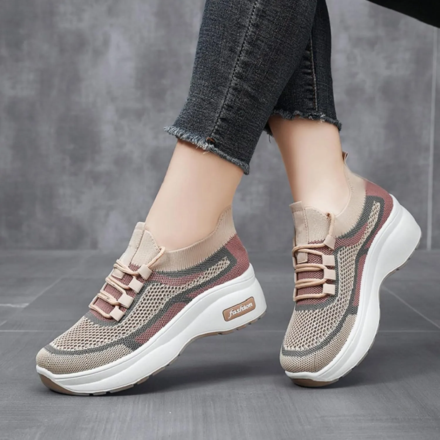 Women's Spring and Autumn Thick Soled Casual Height Enhancing Mesh Breathable Orthopedic Lace up Casual Shoes in Leather