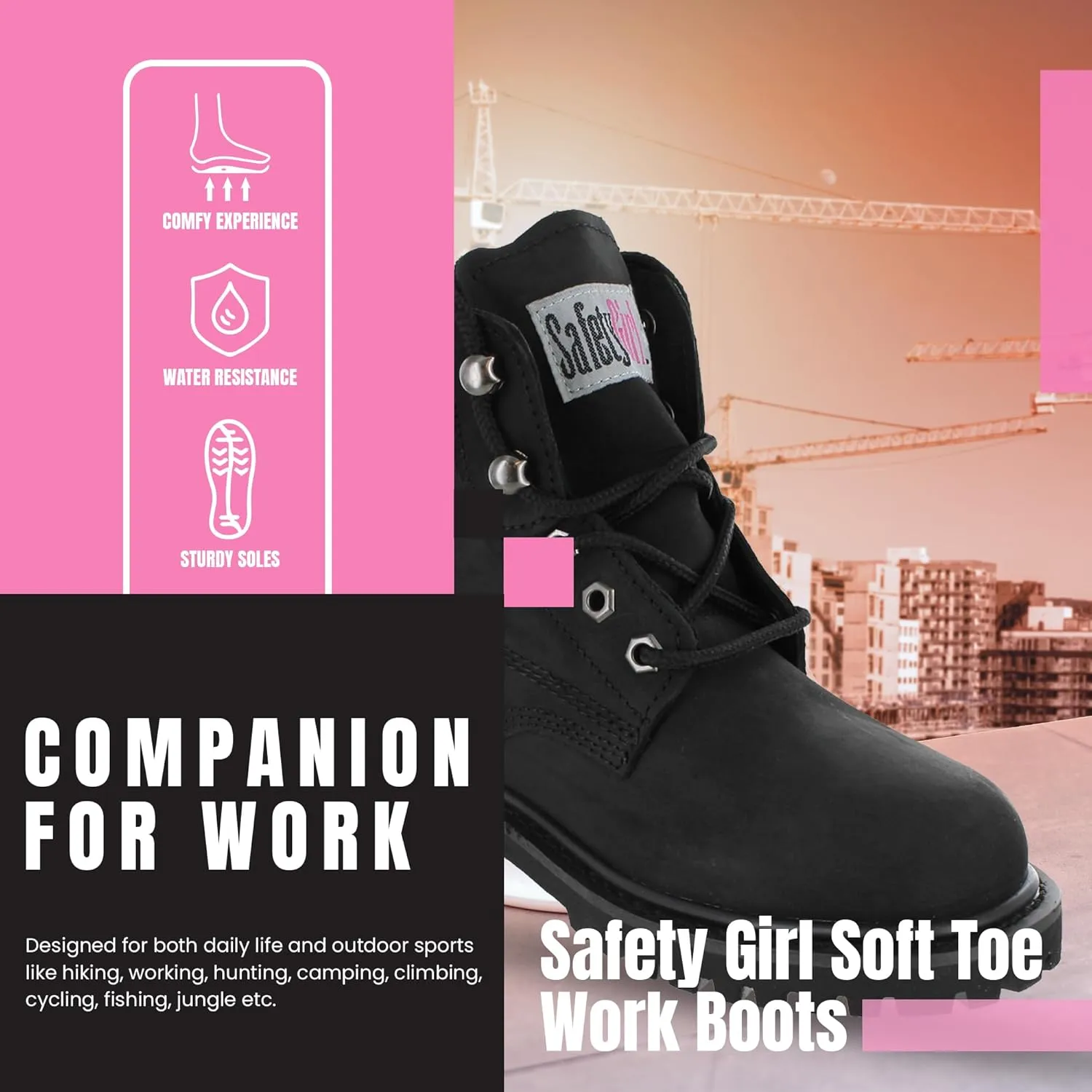 Womens Work Boots | Waterproof Leather Work Boots for Women | Oil & Slip-Resistant Soft Toe Boots for Women | Premium Nubuck Leather | Lightweight and Comfortable | Black Leather - 5W